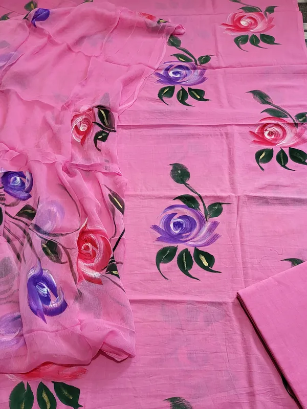 New_Pink_Floral_Hand_Painted_Cotton_Suit_Sets_With_Chiffon_Dupatta