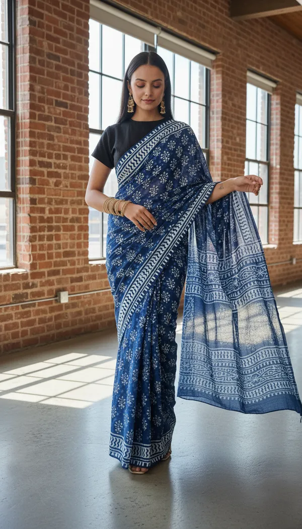 Pure_Cotton_Indigo_Saree_with_Hand_Block_Print