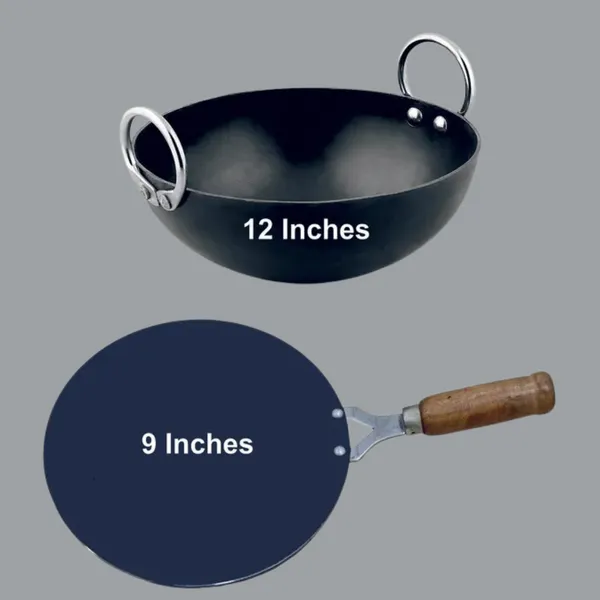 Black__Pure_Iron_Kadai_&_Wooden_Handle_Tawa_Combo_Set_(12"_&_9")_2Mm_Thickness_With_Heavy_Base_