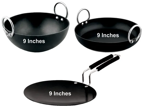 Black__Pure_Iron_Combo_Set_Of_3_(Kadhai,_Jellabi_Kadhai_&_Wire_Handle_Frypan)_No_9_2Mm_Thickness_With_Heavy_Base