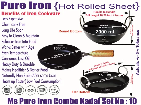 Black__Pure_Iron_Combo_Set_Of_Flat_&_Reg_Kadhai'S_&_Wooden_Handle_Frypan_No_10_2Mm_Thickness_With_Heavy_Base