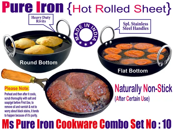 Black__Pure_Iron_Combo_Set_Of_Flat_&_Reg_Kadhai'S_&_Wooden_Handle_Frypan_No_10_2Mm_Thickness_With_Heavy_Base