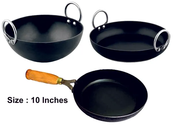 Black__Pure_Iron_Combo_Set_Of_Flat_&_Reg_Kadhai'S_&_Wooden_Handle_Frypan_No_10_2Mm_Thickness_With_Heavy_Base