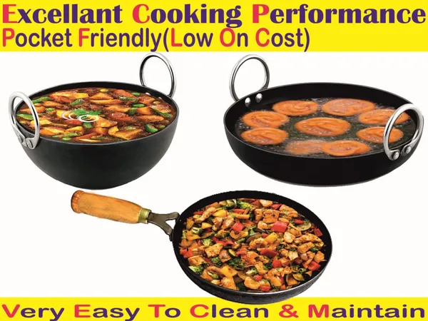 Black__Pure_Iron_Combo_Set_Of_Flat_&_Reg_Kadhai'S_&_Wooden_Handle_Frypan_No_8_2Mm_Thickness_With_Heavy_Base