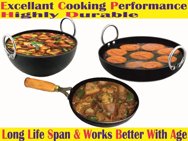 Black__Pure_Iron_Combo_Set_Of_Flat_&_Reg_Kadhai'S_&_Wooden_Handle_Frypan_No_8_2Mm_Thickness_With_Heavy_Base