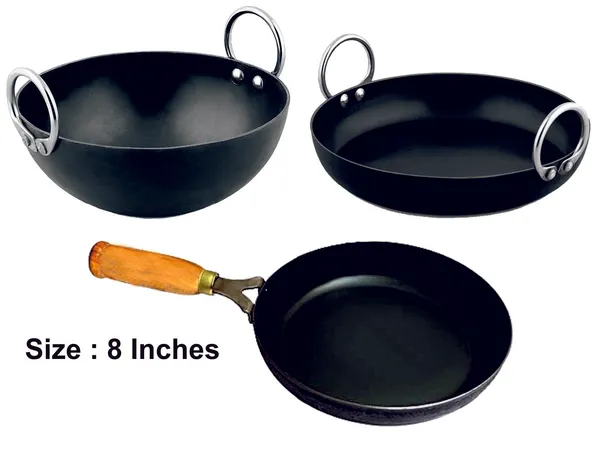 Black__Pure_Iron_Combo_Set_Of_Flat_&_Reg_Kadhai'S_&_Wooden_Handle_Frypan_No_8_2Mm_Thickness_With_Heavy_Base