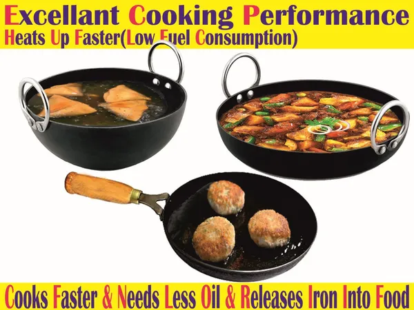 Black__Pure_Iron_Combo_Set_Of_Flat_&_Reg_Kadhai'S_&_Wooden_Handle_Frypan_No_8_2Mm_Thickness_With_Heavy_Base