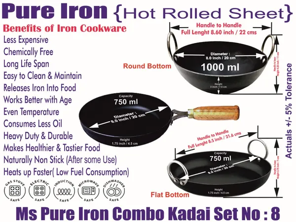 Black__Pure_Iron_Combo_Set_Of_Flat_&_Reg_Kadhai'S_&_Wooden_Handle_Frypan_No_8_2Mm_Thickness_With_Heavy_Base