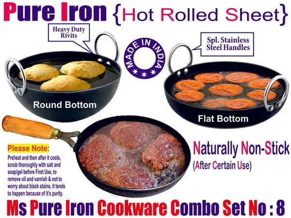 Black__Pure_Iron_Combo_Set_Of_Flat_&_Reg_Kadhai'S_&_Wooden_Handle_Frypan_No_8_2Mm_Thickness_With_Heavy_Base