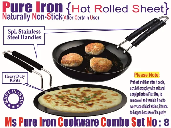 Combo_Of_Black__Pure_Iron_Tawa_&_Fry_Pan_With_Wire_Handle_-_8_Inch_Cooking_Vessel_2Mm_Thickness_With_Heavy_Base