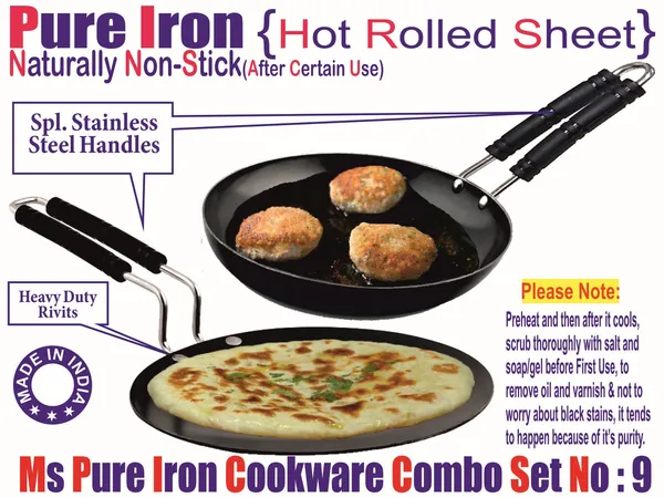 Black__Pure_Iron_Combo_Set_Of_Wire_Handle_Tawa_&_Frypan_No_9_2Mm_Thickness_With_Heavy_Base