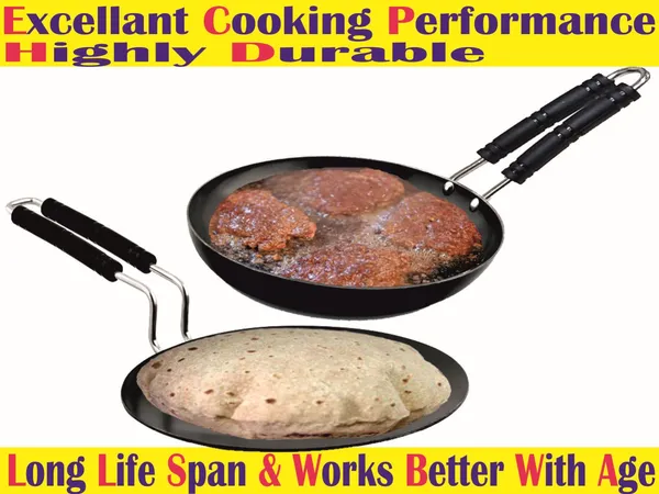 Black__Pure_Iron_Combo_Set_Of_Wire_Handle_Tawa_&_Frypan_No_9_2Mm_Thickness_With_Heavy_Base