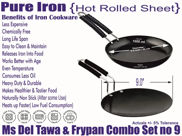 Black__Pure_Iron_Combo_Set_Of_Wire_Handle_Tawa_&_Frypan_No_9_2Mm_Thickness_With_Heavy_Base