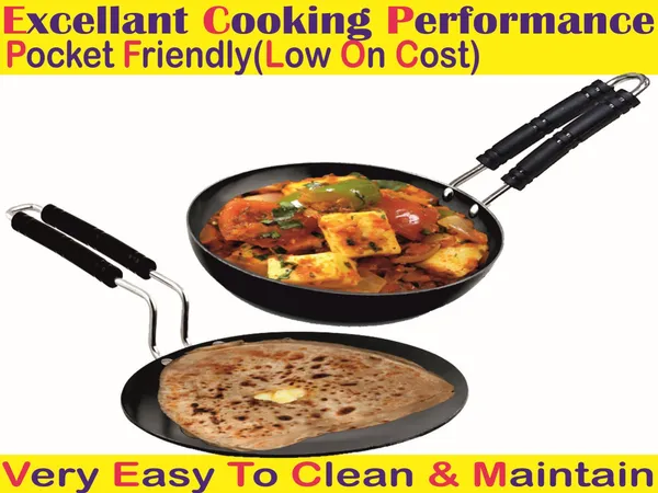 Black__Pure_Iron_Combo_Set_Of_Wire_Handle_Tawa_&_Frypan_No_9_2Mm_Thickness_With_Heavy_Base