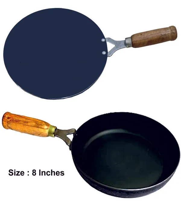 Black__Pure_Iron_Combo_Set_Of_Wooden_Handle_Tawa_&_Frypan_No_8_2Mm_Thickness_With_Heavy_Base