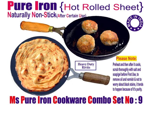 Black__Pure_Iron_Combo_Set_Of_Wooden_Handle_Tawa_&_Frypan_No_9_2Mm_Thickness_With_Heavy_Base