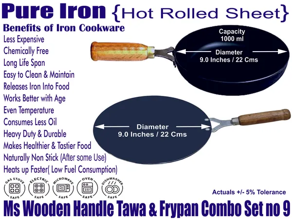 Black__Pure_Iron_Combo_Set_Of_Wooden_Handle_Tawa_&_Frypan_No_9_2Mm_Thickness_With_Heavy_Base