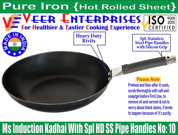 MS_Pure_Iron/Loha_Flat_Bottom_Induction_Kadai_With_SS_Pipe_Handle_no_10_(10_Inches,_2_Litres)