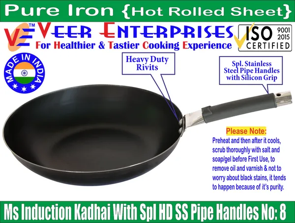 MS_Pure_Iron/Loha_Flat_Bottom_Induction_Kadai_With_SS_Pipe_Handle_no_8_(8_Inches,_1_Litres)