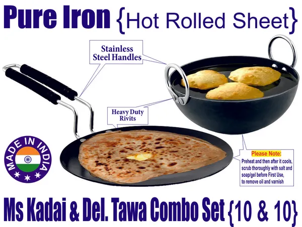 Black__Pure_Iron_Kadai_&_Del_Tawa_Combo_Set_(10"_&_10")_2Mm_Thickness_With_Heavy_Base_