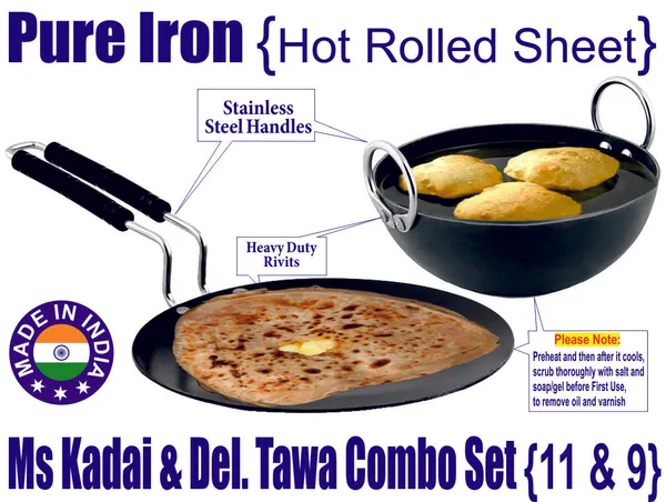 Black__Pure_Iron_Kadai_&_Del_Tawa_Combo_Set_(11"_&_9")_2Mm_Thickness_With_Heavy_Base_