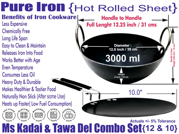 Black__Pure_Iron_Kadai_&_Del_Tawa_Combo_Set_(12"_&_10")_2Mm_Thickness_With_Heavy_Base_