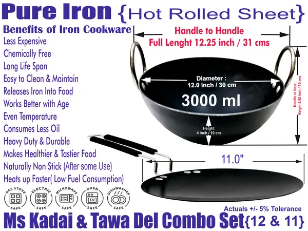 Black__Pure_Iron_Kadai_&_Del_Tawa_Combo_Set_(12"_&_11")_2Mm_Thickness_With_Heavy_Base_