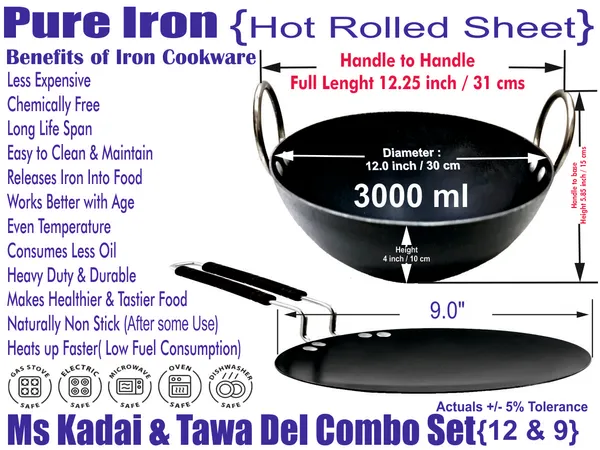 Black__Pure_Iron_Kadai_&_Del_Tawa_Combo_Set_(12"_&_9")_2Mm_Thickness_With_Heavy_Base_