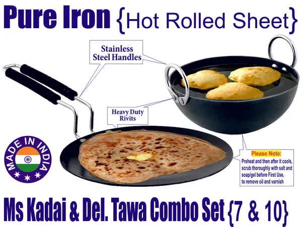 Black__Pure_Iron_Kadai_&_Del_Tawa_Combo_Set_(7"_&_10")_2Mm_Thickness_With_Heavy_Base_
