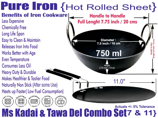 Black__Pure_Iron_Kadai_&_Del_Tawa_Combo_Set_(7"_&_11")_2Mm_Thickness_With_Heavy_Base_