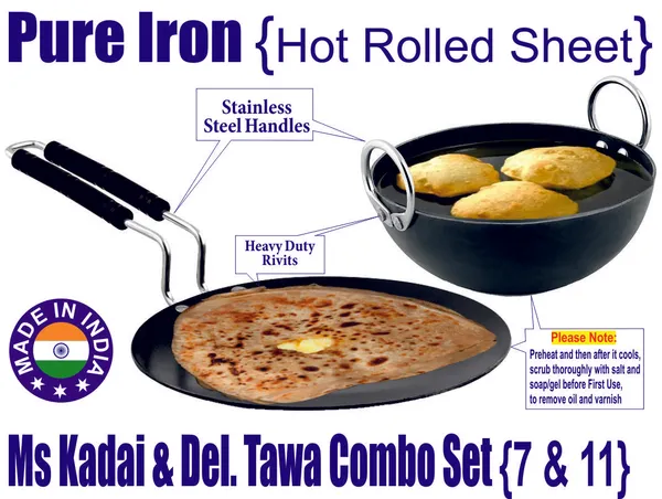 Black__Pure_Iron_Kadai_&_Del_Tawa_Combo_Set_(7"_&_11")_2Mm_Thickness_With_Heavy_Base_