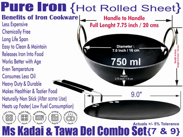 Black__Pure_Iron_Kadai_&_Del_Tawa_Combo_Set_(7"_&_9")_2Mm_Thickness_With_Heavy_Base_