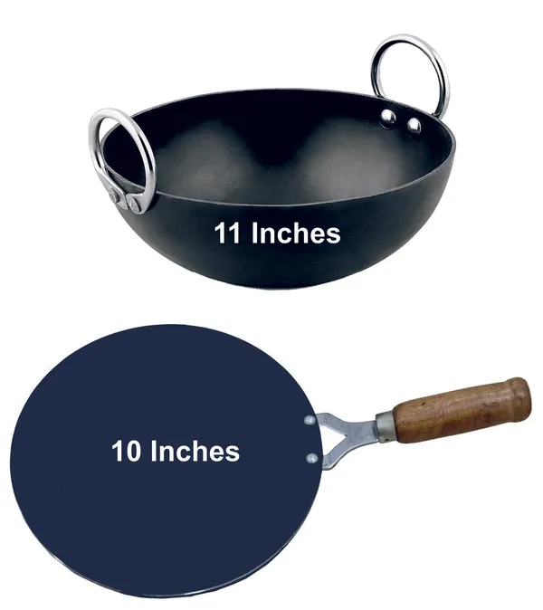 Black__Pure_Iron_Kadai_&_Wooden_Handle_Tawa_Combo_Set_(11"_&_10")_2Mm_Thickness_With_Heavy_Base_