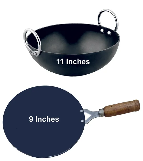 Black__Pure_Iron_Kadai_&_Wooden_Handle_Tawa_Combo_Set_(11"_&_9")_2Mm_Thickness_With_Heavy_Base_