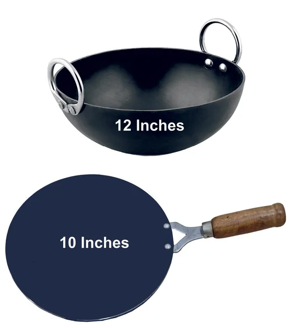 Black__Pure_Iron_Kadai_&_Wooden_Handle_Tawa_Combo_Set_(12"_&_10")_2Mm_Thickness_With_Heavy_Base_