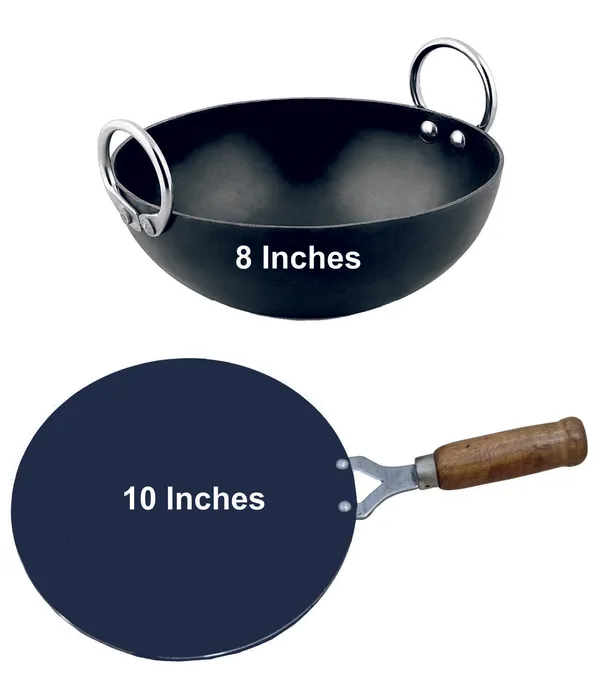Black__Pure_Iron_Kadai_&_Wooden_Handle_Tawa_Combo_Set_(8"_&_10")_2Mm_Thickness_With_Heavy_Base_