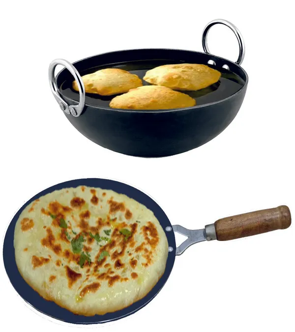 Black__Pure_Iron_Kadai_&_Wooden_Handle_Tawa_Combo_Set_(8"_&_10")_2Mm_Thickness_With_Heavy_Base_