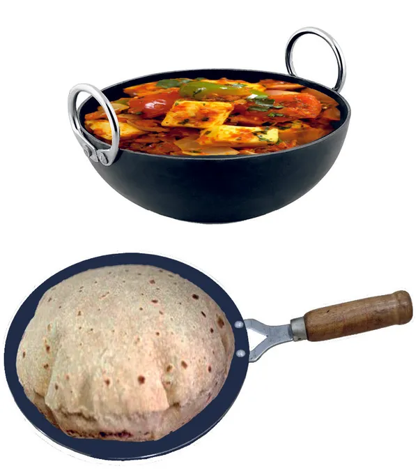 Black__Pure_Iron_Kadai_&_Wooden_Handle_Tawa_Combo_Set_(8"_&_10")_2Mm_Thickness_With_Heavy_Base_