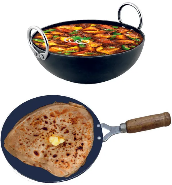 Black__Pure_Iron_Kadai_&_Wooden_Handle_Tawa_Combo_Set_(8"_&_10")_2Mm_Thickness_With_Heavy_Base_