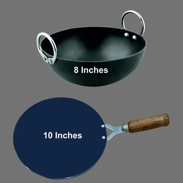 Black__Pure_Iron_Kadai_&_Wooden_Handle_Tawa_Combo_Set_(8"_&_10")_2Mm_Thickness_With_Heavy_Base_
