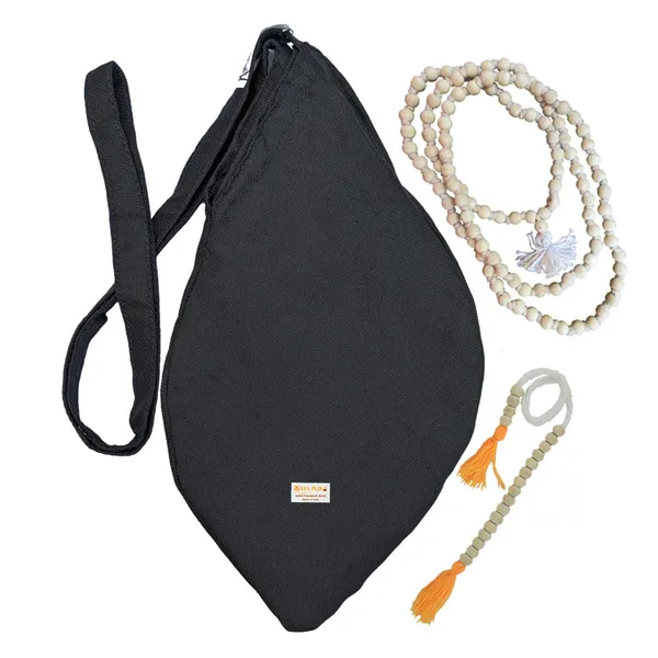 MAYAPURI_Original_Pure_Cotton_Gomukhi_Japa_Mala_Bagwith_108+1_Beads_Japa_Mala/Chanting_Bag_or_Beads_Bag/Jholi/Thole_with_Zip_Pocket_and_Sakshi_Mala_Counter,_Colour;_Black_(Pack_of_1)