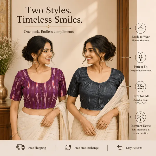Pack_of_Two_Evariya_Ready_to_Wear_Stitched_Cotton_Ikkat_Saree_Blouse_for_Women