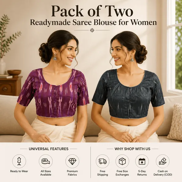 Pack_of_Two_Evariya_Ready_to_Wear_Stitched_Cotton_Ikkat_Saree_Blouse_for_Women