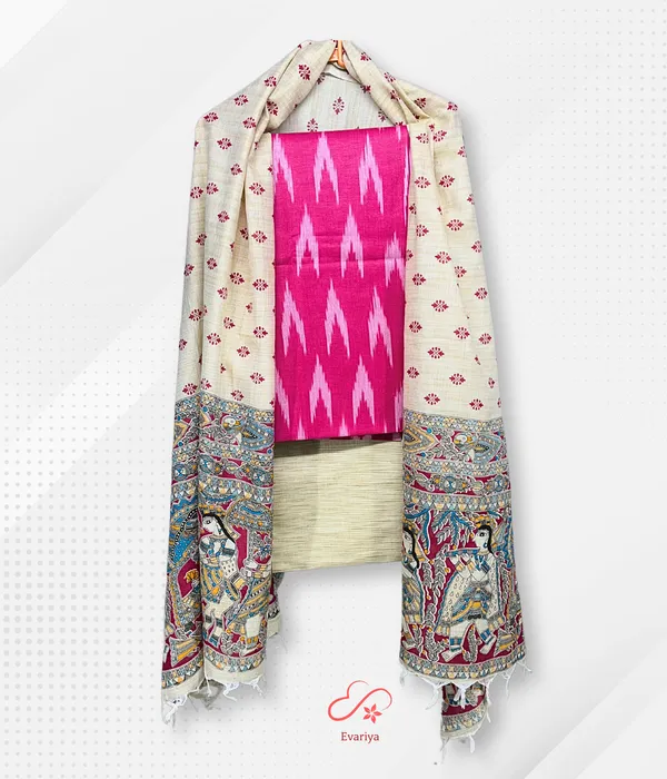 Evariya_Unstitched_Cotton_Salwar_Suit_Dress_Material_for_Women_with_Dupatta_|_2.5M_Top,_Bottom_&_Dupatta_|_Ikkat_Top_&_Madhubani_Dupatta