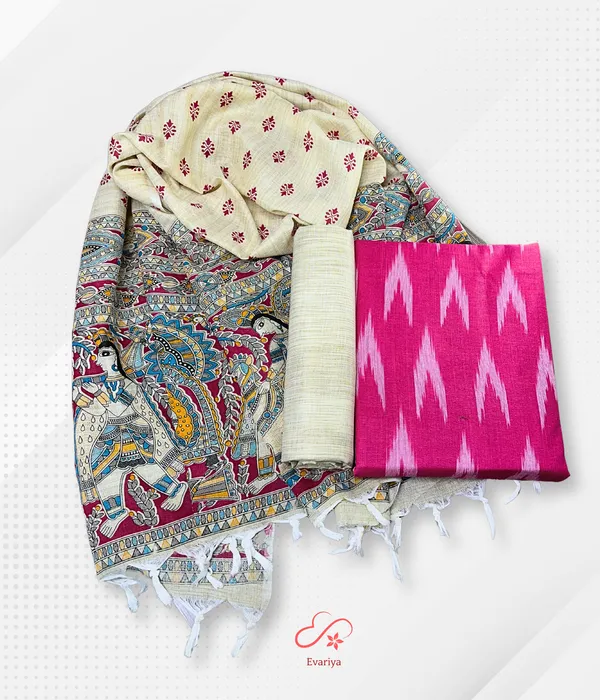 Evariya_Unstitched_Cotton_Salwar_Suit_Dress_Material_for_Women_with_Dupatta_|_2.5M_Top,_Bottom_&_Dupatta_|_Ikkat_Top_&_Madhubani_Dupatta