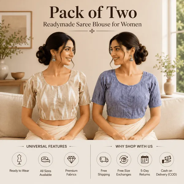 Pack_of_Two_Evariya_Ready_to_Wear_Stitched_Cotton_Ikkat_Saree_Blouse_for_Women