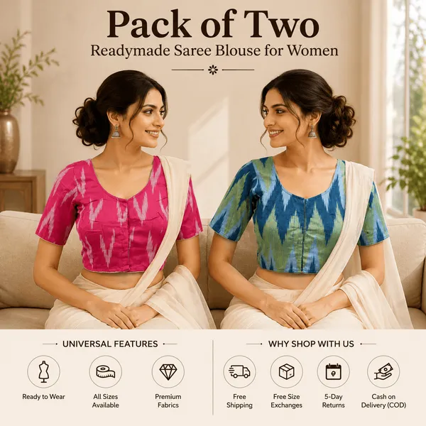 Pack_of_Two_Evariya_Ready_to_Wear_Stitched_Cotton_Ikkat_Saree_Blouse_for_Women
