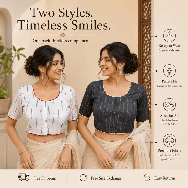 Pack_of_Two_Evariya_Ready_to_Wear_Stitched_Cotton_Ikkat_Saree_Blouse_for_Women