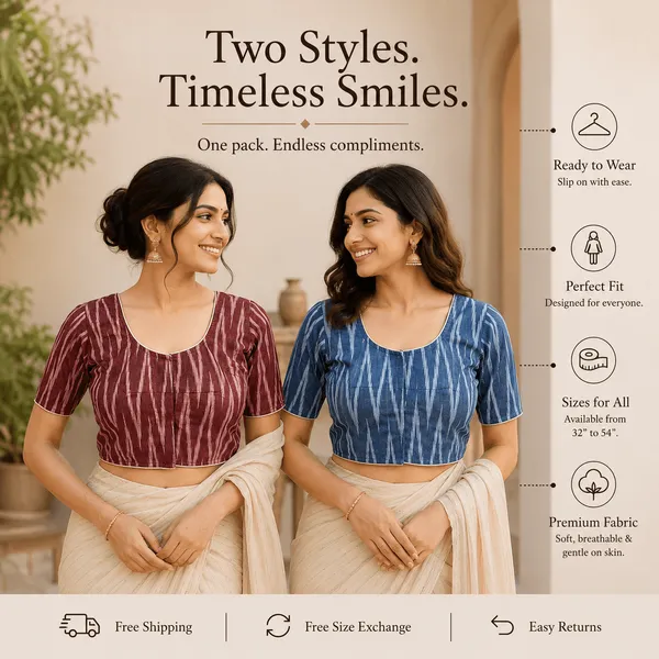 Pack_of_Two_Evariya_Ready_to_Wear_Stitched_Cotton_Ikkat_Saree_Blouse_for_Women