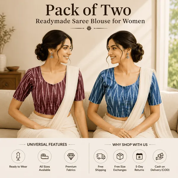 Pack_of_Two_Evariya_Ready_to_Wear_Stitched_Cotton_Ikkat_Saree_Blouse_for_Women